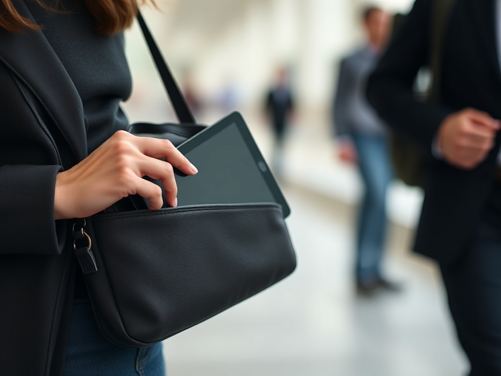 외출 전 가방 크기에 맞춰 11인치 태블릿을 수납하고 있는 상황