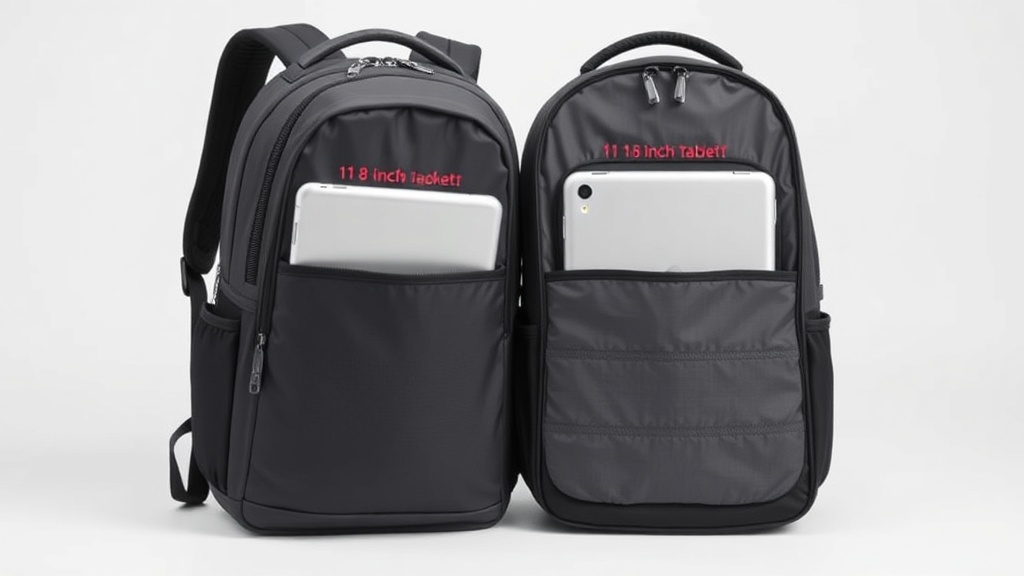 백팩 옆 주머니에 들어가는 8인치 태블릿과 메인 수납칸에 들어가는 11인치 태블릿의 크기 비교