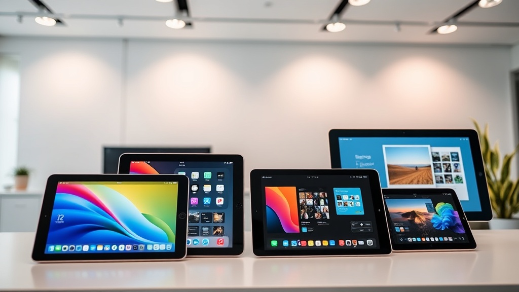 책상 위에 놓인 다양한 크기의 태블릿들이 각기 다른 용도로 사용되는 모습